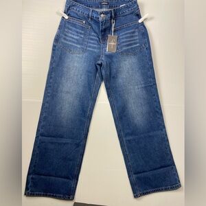 Flamingals Wide Leg Jeans Size M NWT Medium Wash Cuffed Stretch Denim NWT